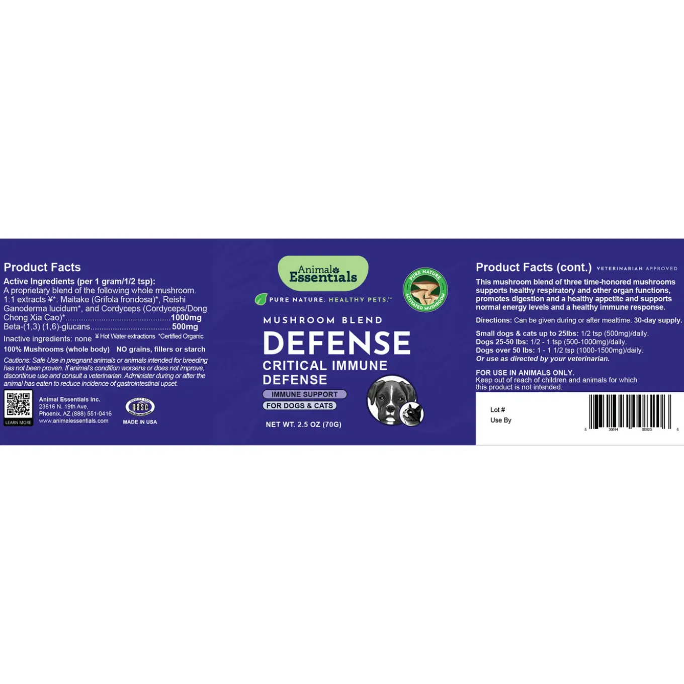 Animal Essentials DEFENSE Mushroom Complex Powder for Dogs & Cats
