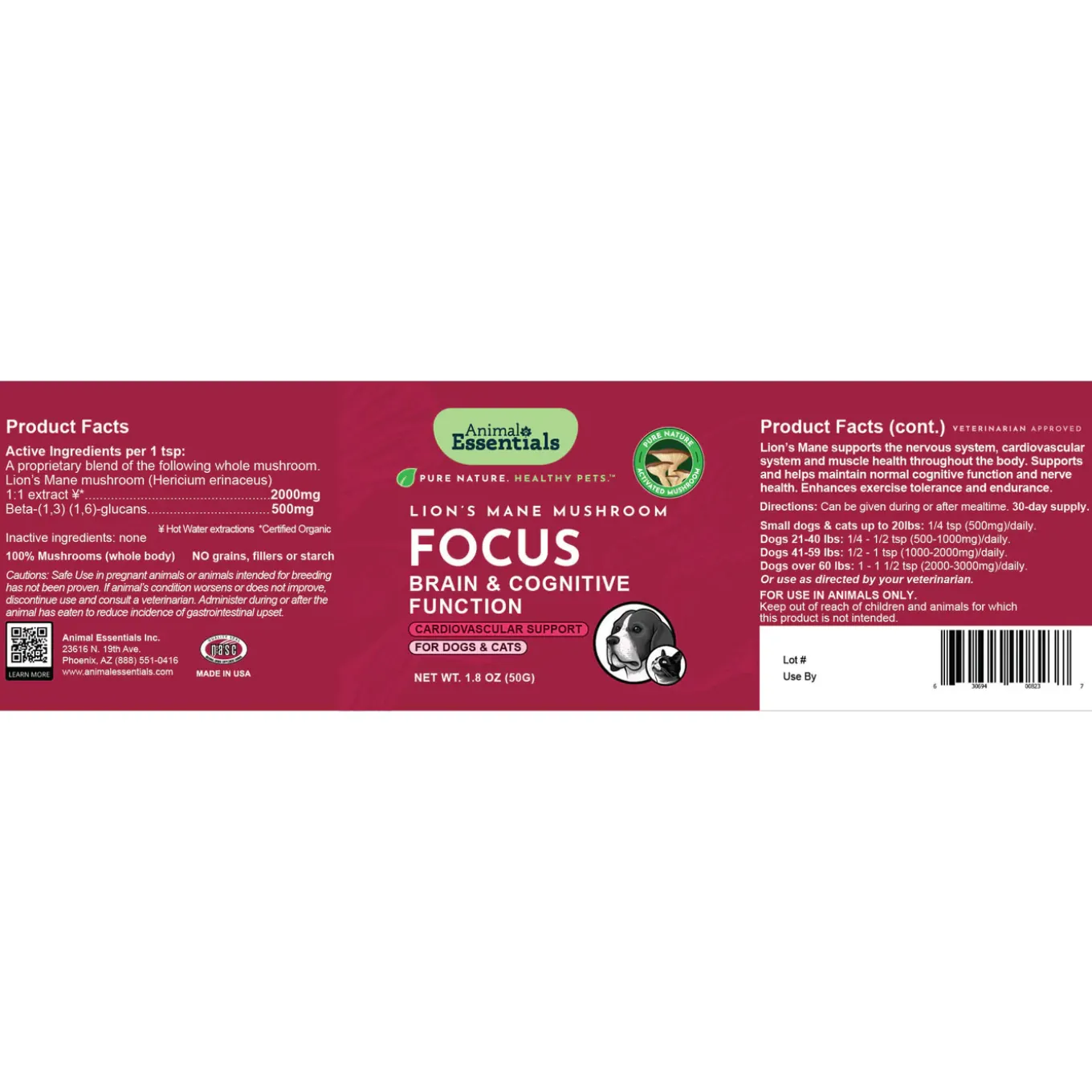 Animal Essentials FOCUS Lion's Mane Mushroom Powder for Dogs & Cats