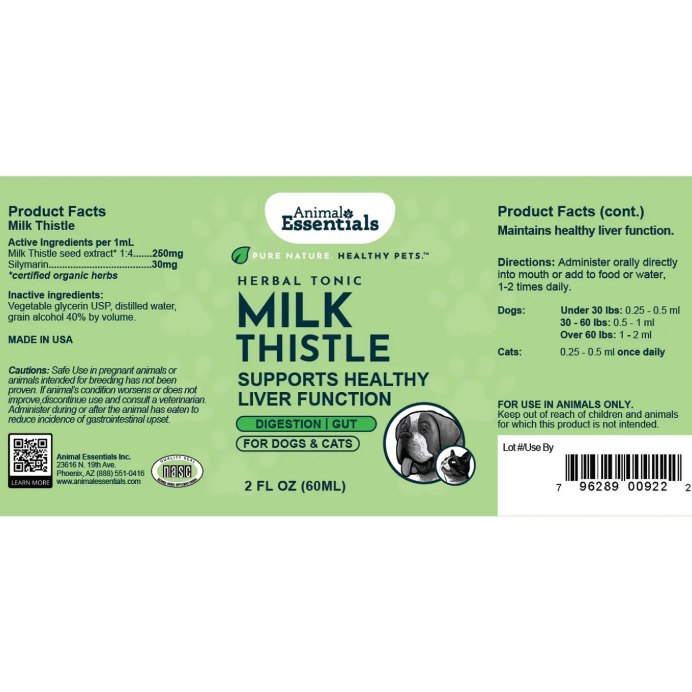 Animal Essentials Milk Thistle Herbal Supplement for Dogs & Cats