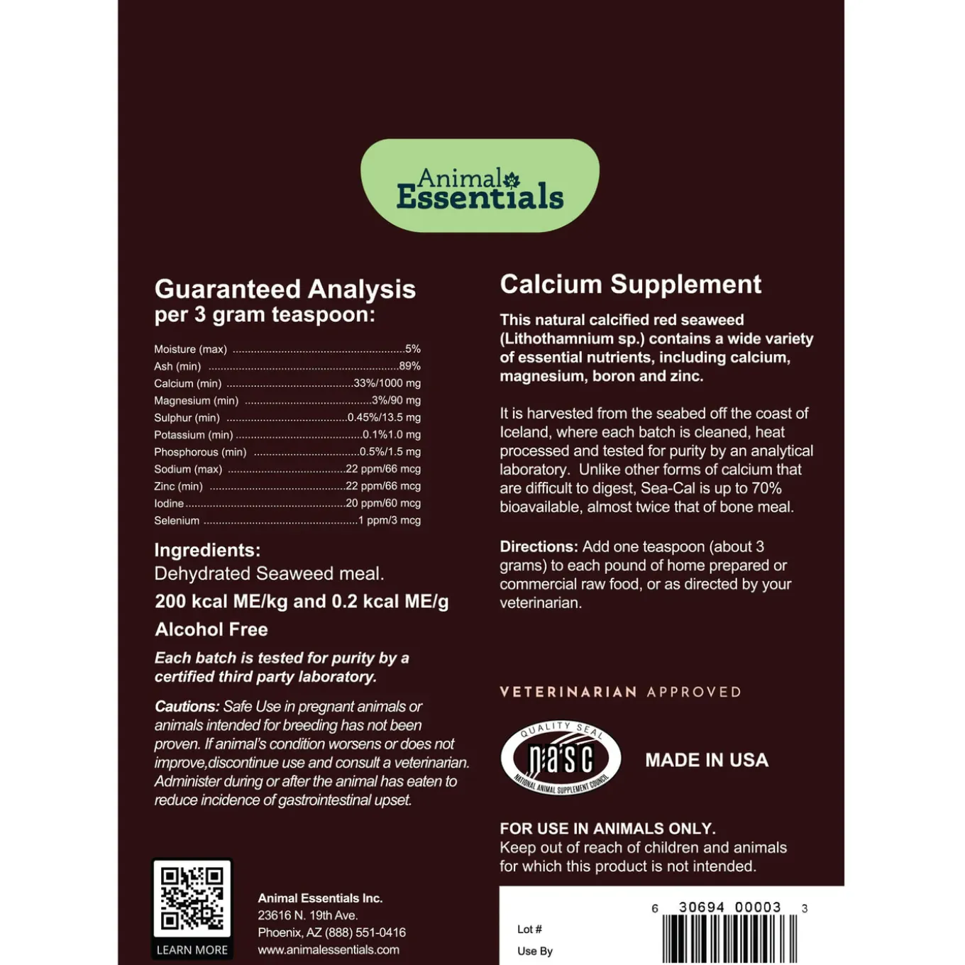 Animal Essentials Sea-Cal Seaweed Calcium Powder Supplement for Dogs & Cats