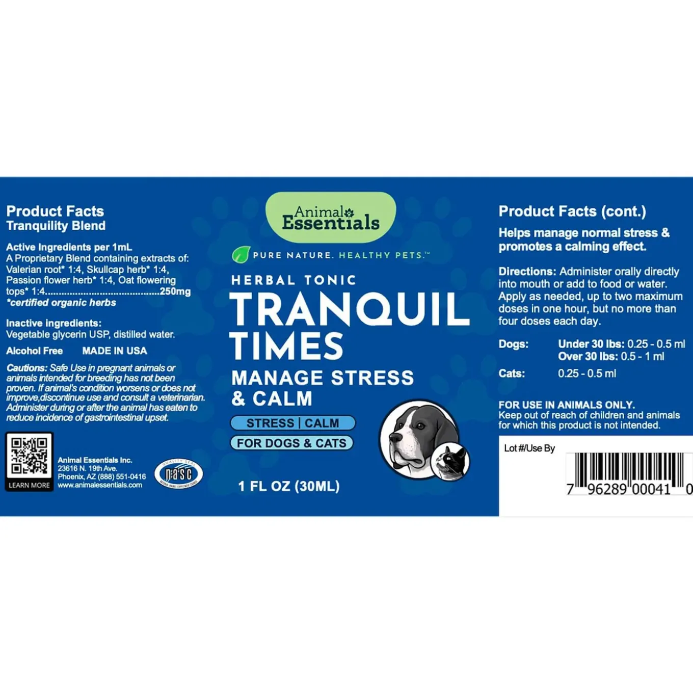 Animal Essentials Tranquil Times Anxiety Herbal Liquid Formula for Dogs & Cats