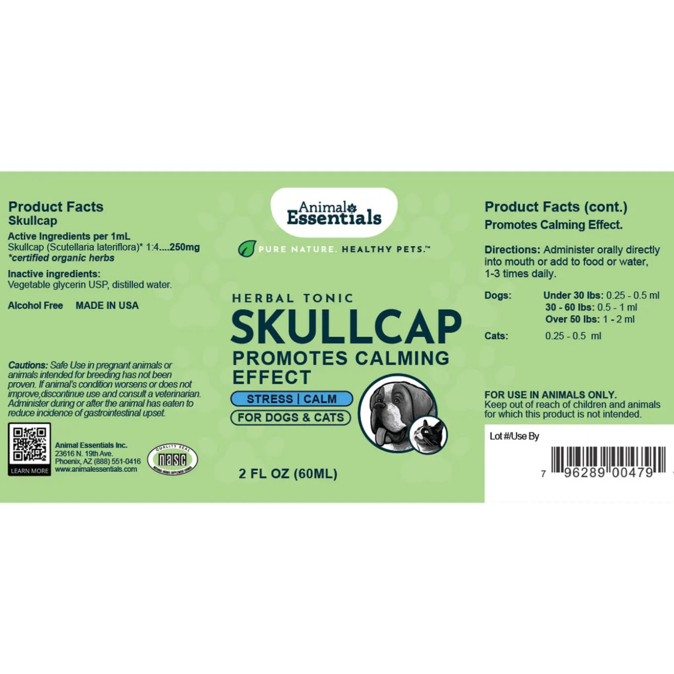 Animal Essentials Skullcap Calming Herbal Extract Liquid for Dogs & Cats