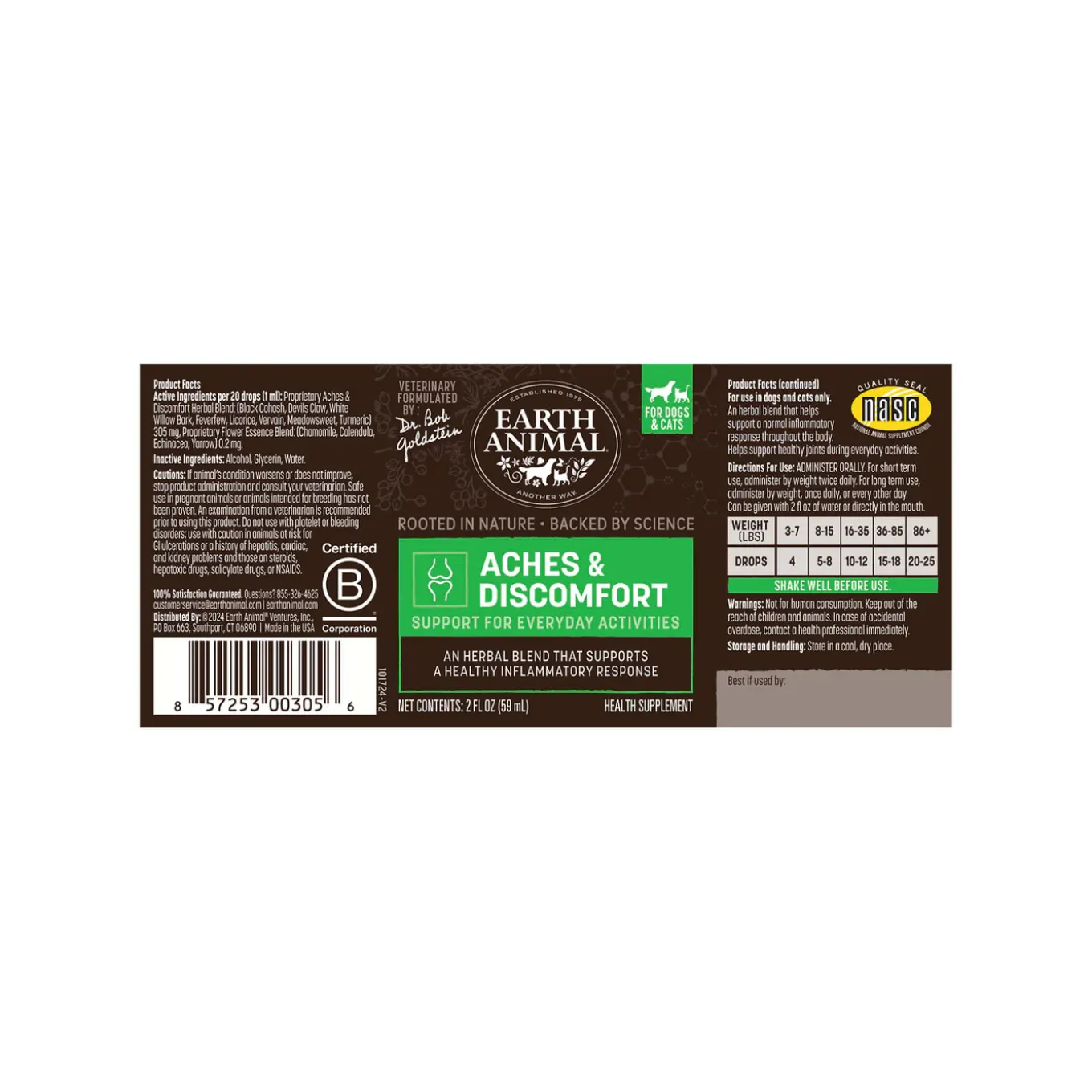 Earth Animal Organic Herbal Remedies Aches & Discomfort Tincture for Dogs