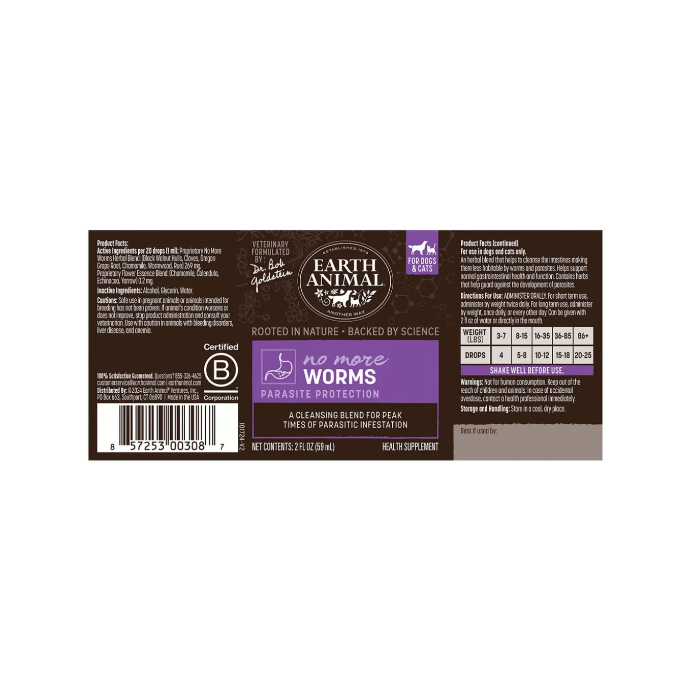 Earth Animal Organic Herbal Remedies No More Worms Tincture for Dogs