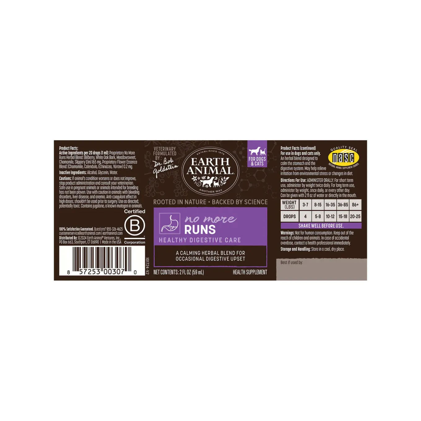 Earth Animal Organic Herbal Remedies No More Runs Tincture for Dogs