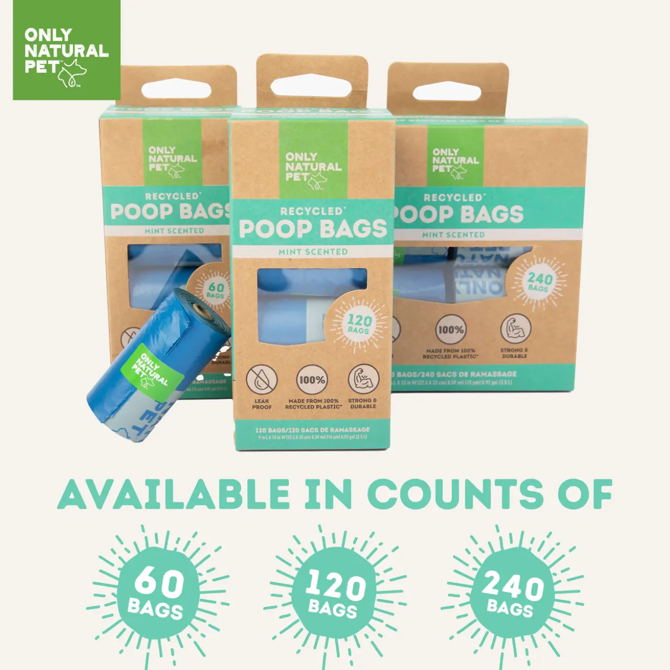 Only Natural Pet Post-Consumer Recycled Plastic Mint Scented Poop Bags for Dogs